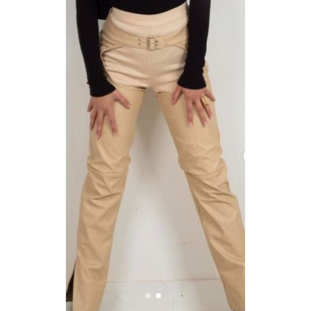 The Kript Arya Faux Leather Buckle Chaps Pants Womens M Beige High Rise Straight